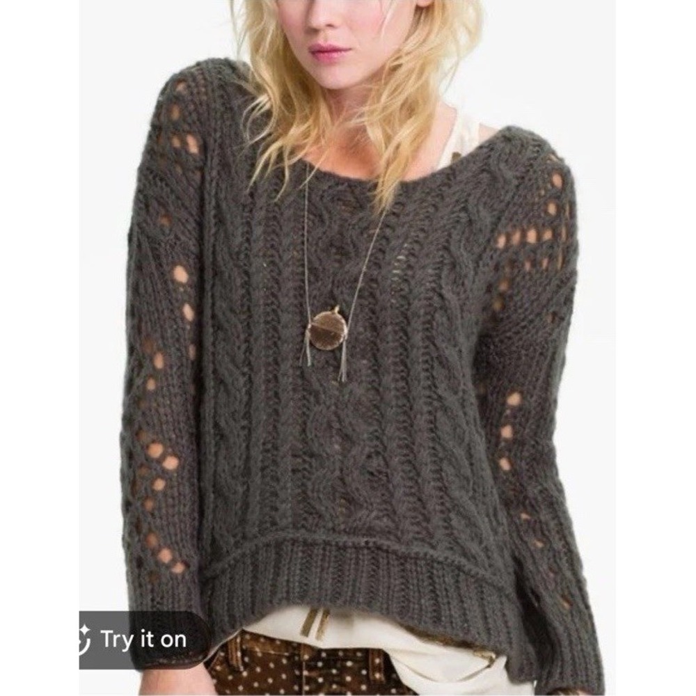 Free People oversized open knit Cable chunky Scoop Neck Sweater Charcoal Grey XS